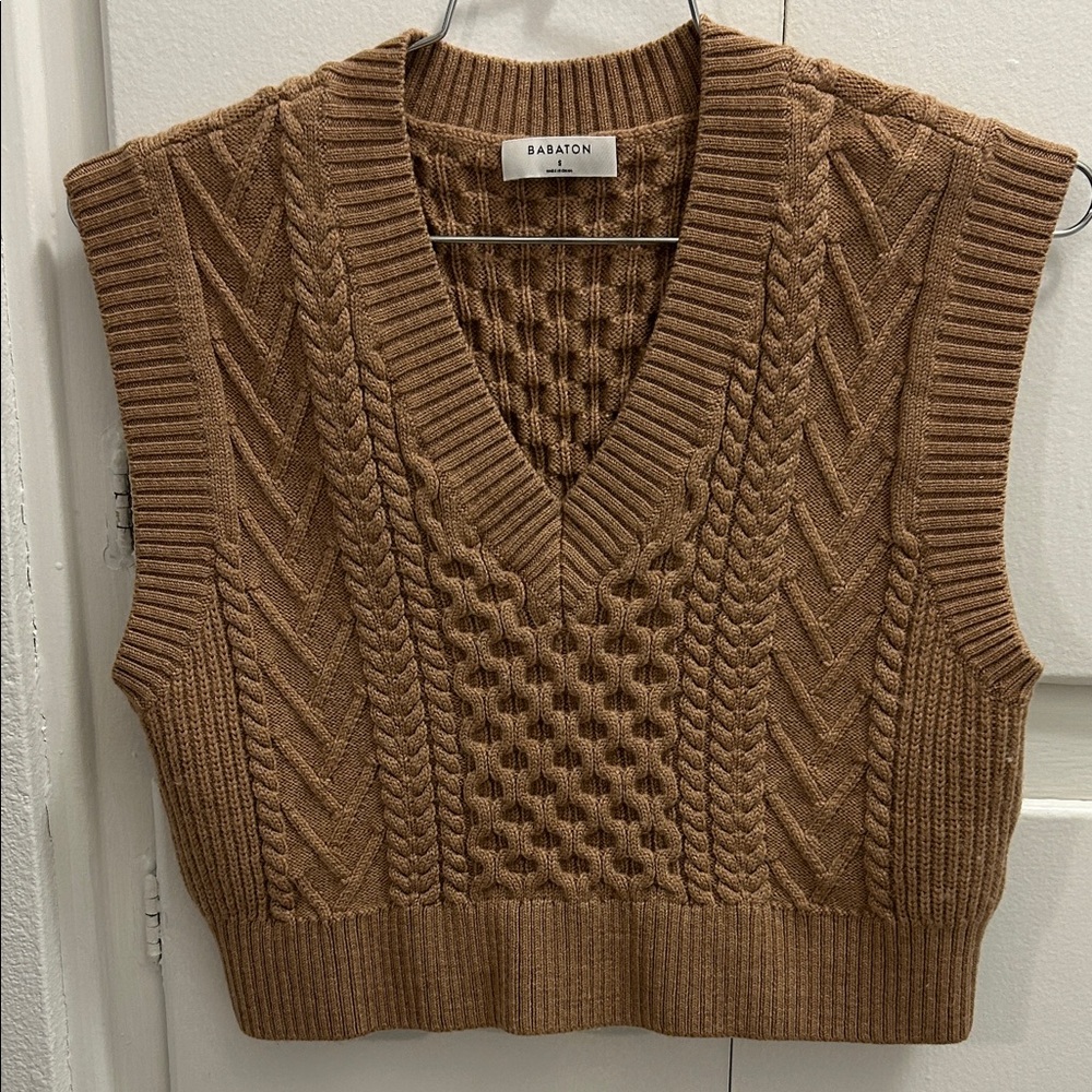 Babaton Tan Cable Knit V-Neck Sweater Vest ARITZIA